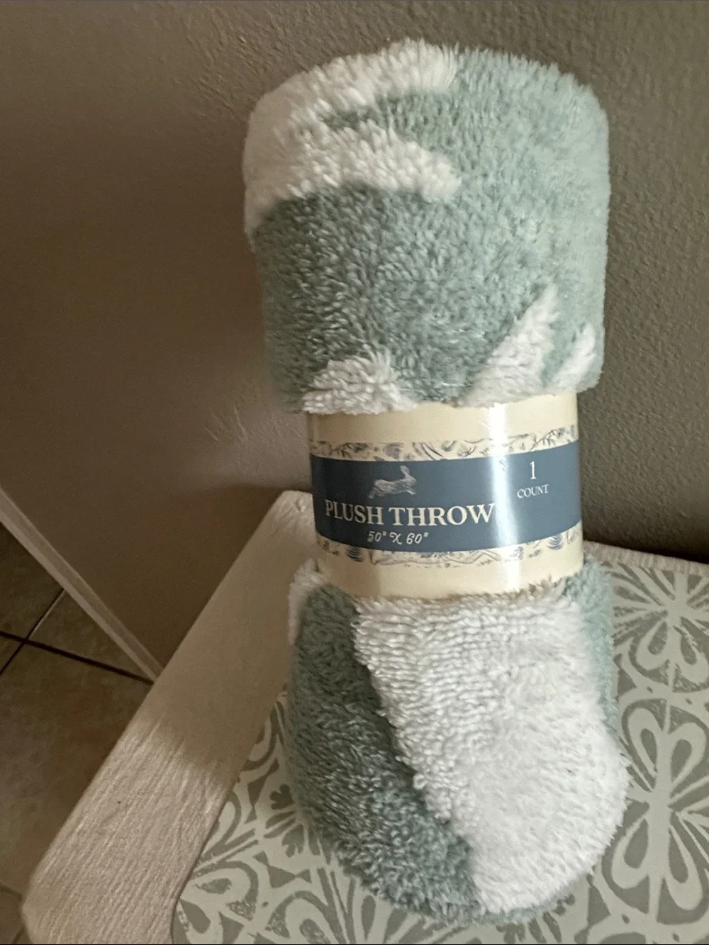 Plush Throw Blanket - Sage Green & White NWT